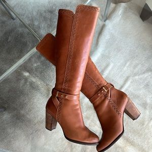 Ugg Tall Boot, Cognac Brown, bronze/gold and braided leather accents, 3in heel